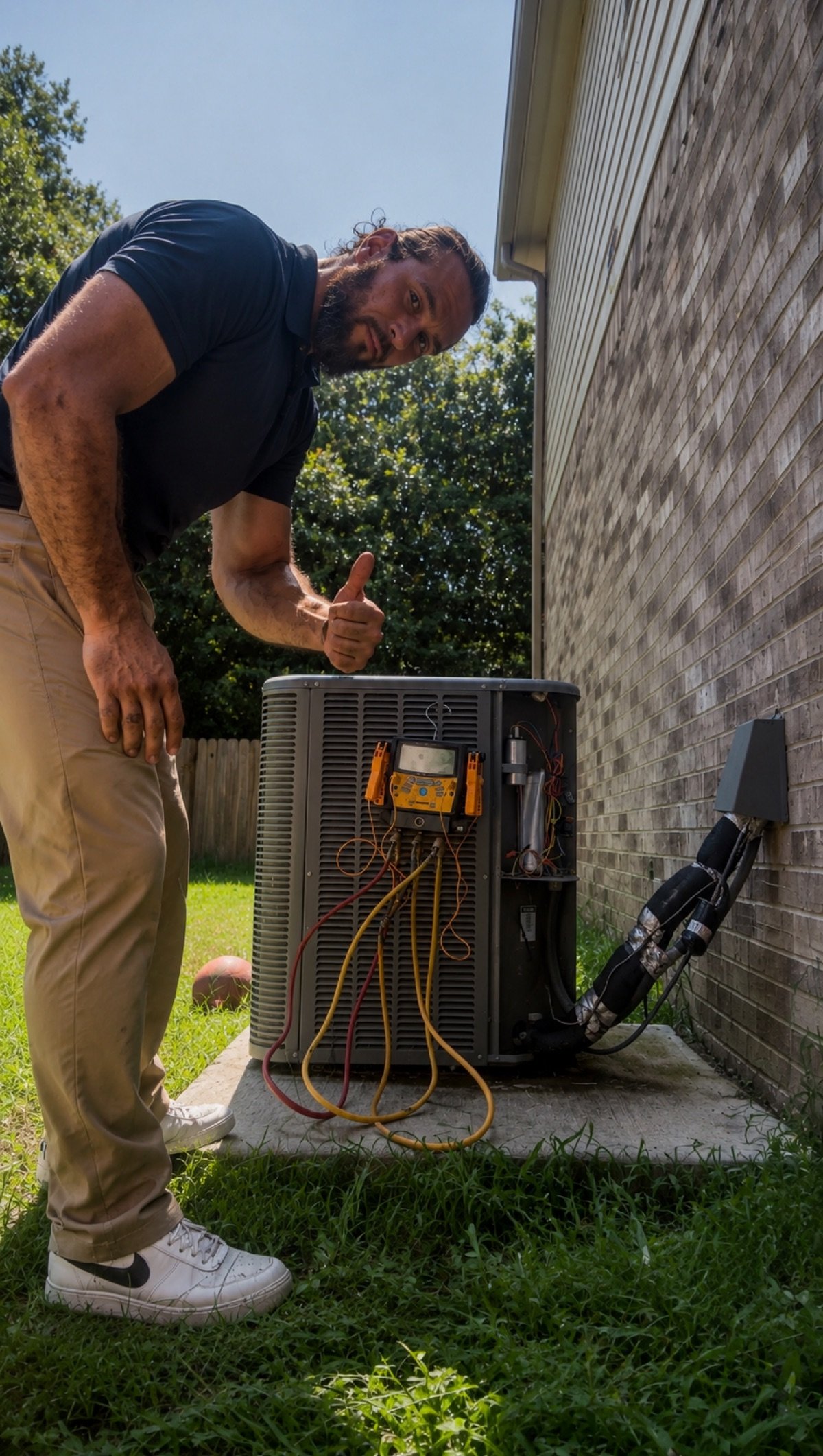Abdiel Mata performing residential HVAC diagnostics on an outdoor condenser